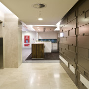 Interior view of the main foyer at the ceiling, floor, flooring, interior design, lobby, room, brown, white