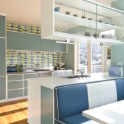 View of a kitchen which features blue cabinetry architecture, floor, interior design, interior designer, kitchen, wall, white