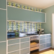 View of blue-painted kitchen cabinetry. - View of cabinetry, countertop, home, interior design, kitchen, room, wall, window, gray