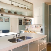 View of a kitchen which features blue cabinetry cabinetry, countertop, interior design, kitchen, real estate, room, white, gray