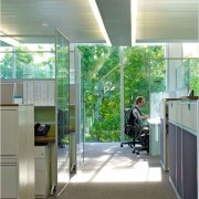 Interior view of an office area in a ceiling, glass, interior design, window, gray