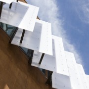 View of white shutters on the exterior facade architecture, daylighting, flap, product design, sky, white, brown