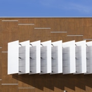 View of white shutters on the exterior facade architecture, daylighting, elevation, facade, line, roof, structure, brown
