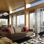 View of a living area with sofas, seating architecture, ceiling, home, house, interior design, living room, penthouse apartment, real estate, window, brown, white