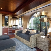 View of covered pavilion which features a lounge architecture, ceiling, estate, home, house, interior design, living room, real estate, room, wood, red