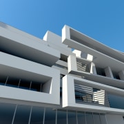 View of an extension added to an existing architecture, building, commercial building, condominium, corporate headquarters, daylighting, daytime, elevation, facade, house, line, property, real estate, sky, structure, gray, teal