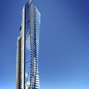 View of a commercial building designed by Archidiom architecture, building, commercial building, condominium, corporate headquarters, daytime, elevation, landmark, metropolis, metropolitan area, mixed use, sky, skyscraper, tower, tower block, blue