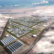 Conceptual aerial view of Masdar City in Abu aerial photography, artificial island, bird's eye view, photography, sky, urban design, water, water resources, gray, white