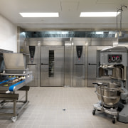 View of the 100m long production kitchen of kitchen, gray