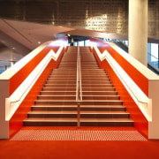 View a stairway inside the MCC which were architecture, light, lighting, line, red, structure, red