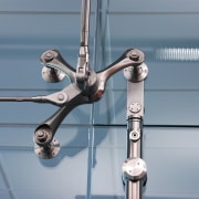 View of interior glazing and glass hardware available bicycle frame, bicycle part, product design, tap, teal, gray