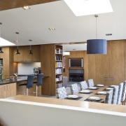 View of open-plan kitchen and dining area with architecture, house, interior design, kitchen, real estate, white