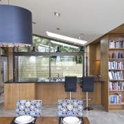 View of open-plan kitchen and dining area with architecture, ceiling, interior design, living room, white