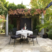 View of the paved terrace with timber pergola arecales, backyard, courtyard, estate, garden, outdoor structure, patio, plant, property, real estate, yard, brown