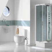 View of a newly renovated bathroom which features bathroom, bathroom accessory, bathroom cabinet, floor, interior design, plumbing fixture, product, product design, tap, tile, white, gray