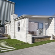 Exterior view of a Harmony Homes show home architecture, building, elevation, estate, facade, home, house, neighbourhood, property, real estate, residential area, siding, suburb, gray