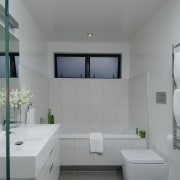 View of the bathroom with white wall tiling, architecture, bathroom, daylighting, home, interior design, product design, room, sink, gray