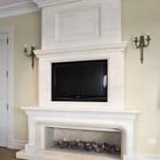 View of a hand-crafted stone mantle by The fireplace, furniture, hearth, home, living room, gray