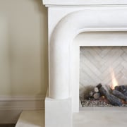 View of a hand-crafted stone mantle by The fireplace, furniture, hearth, table, gray, white