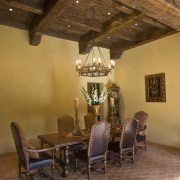 Interior view of the dining area which features beam, ceiling, dining room, estate, floor, flooring, home, interior design, living room, room, table, wall, wood, brown