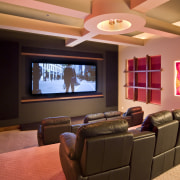 View of the home theatre which features slumped ceiling, entertainment, home, interior design, living room, room, red, orange