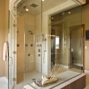 View of bathroom which feature granite wall tiles bathroom, ceiling, interior design, brown, orange