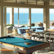 Interior view of the Malibu Lodge at the billiard room, leisure, pool, recreation room, resort, table, brown, white