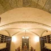 View of a wine cellar which features limestone arcade, arch, architecture, ceiling, crypt, daylighting, estate, interior design, symmetry, orange, brown