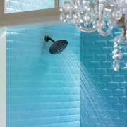 View of a ioDigital shower from Moen which aqua, azure, bathroom, blue, flooring, interior design, room, tile, turquoise, wall, teal, gray