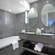 View of one of the ensuites which features architecture, bathroom, ceiling, daylighting, design, interior design, room, gray, black