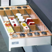 View of custom storage solutions available from Hettitch. display case, drawer, furniture, product, white