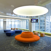 View of the staff recreation room which features architecture, ceiling, daylighting, house, interior design, lobby, real estate, gray