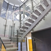 View of stairway with glass balustrade and stainless architecture, daylighting, glass, handrail, stairs, structure, gray