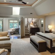 View of master bedroom which features a bed bedroom, ceiling, interior design, living room, real estate, room, suite, gray