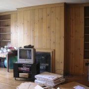 Before shots of a San Francisco TownHouse. - cabinetry, floor, flooring, furniture, hardwood, interior design, living room, room, shelving, wall, wood, wood stain, brown