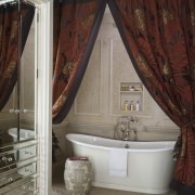 Interior shot of a San Francisco Town House. bathroom, ceiling, curtain, home, interior design, room, textile, window, window covering, window treatment, gray, red