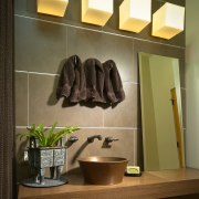 View of a small powder room which features ceiling, furniture, interior design, light fixture, product design, room, shelf, wall, brown