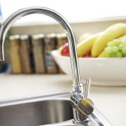 View of long-neck arched tap in a kitchen kitchen, product design, sink, small appliance, tap, white