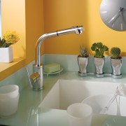 View of a kitchen which features faucets from bathroom, ceramic, interior design, plumbing fixture, product design, room, sink, tap, gray, orange