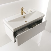 View of a Kohler basin with gold faucets bathroom, bathroom accessory, bathroom cabinet, bathroom sink, ceramic, drawer, plumbing fixture, product design, sink, tap, white