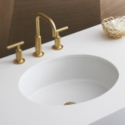 View of a Kohler basin with gold faucets bathroom sink, ceramic, plumbing fixture, product design, sink, tap, white, brown