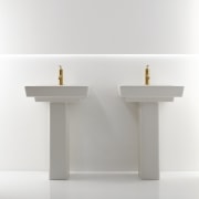 View of a Kohler basin with gold faucets bathroom sink, plumbing fixture, product design, sink, tap, white