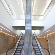 internal escalator view of the redeveloped 21 Queen architecture, ceiling, daylighting, escalator, handrail, interior design, lobby, stairs, white, gray