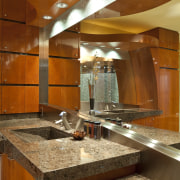 View of the master suite, bed, fireplace, recessed architecture, cabinetry, ceiling, countertop, flooring, interior design, kitchen, lobby, room, brown