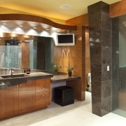 View of the master suite, bed, fireplace, recessed bathroom, cabinetry, ceiling, countertop, estate, home, interior design, kitchen, property, real estate, room, brown