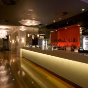 View of contemporary bar which features a CaesarStone bar, interior design, restaurant, brown