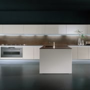 View of a contemporary kitchen which features countertops cabinetry, countertop, floor, flooring, furniture, interior design, kitchen, product design, black, gray