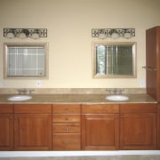 View of the bathroom before renovation. - View bathroom, bathroom accessory, bathroom cabinet, cabinetry, chest of drawers, countertop, cuisine classique, cupboard, drawer, floor, flooring, furniture, hardwood, home, interior design, kitchen, room, sink, wall, wood, wood stain, brown, orange