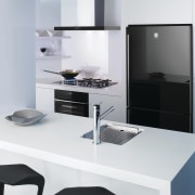 View of a kitchen which features a refrigerator, furniture, interior design, kitchen, office, product, product design, white