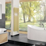 View of a bathroom which features a towel architecture, bathroom, floor, flooring, home, interior design, plumbing fixture, tile, wall, window, white